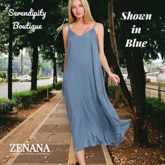 Effortless Everyday Casual Classic Cami Strap Flowy Tea Length Dress in Blue - Picture 3 of 9